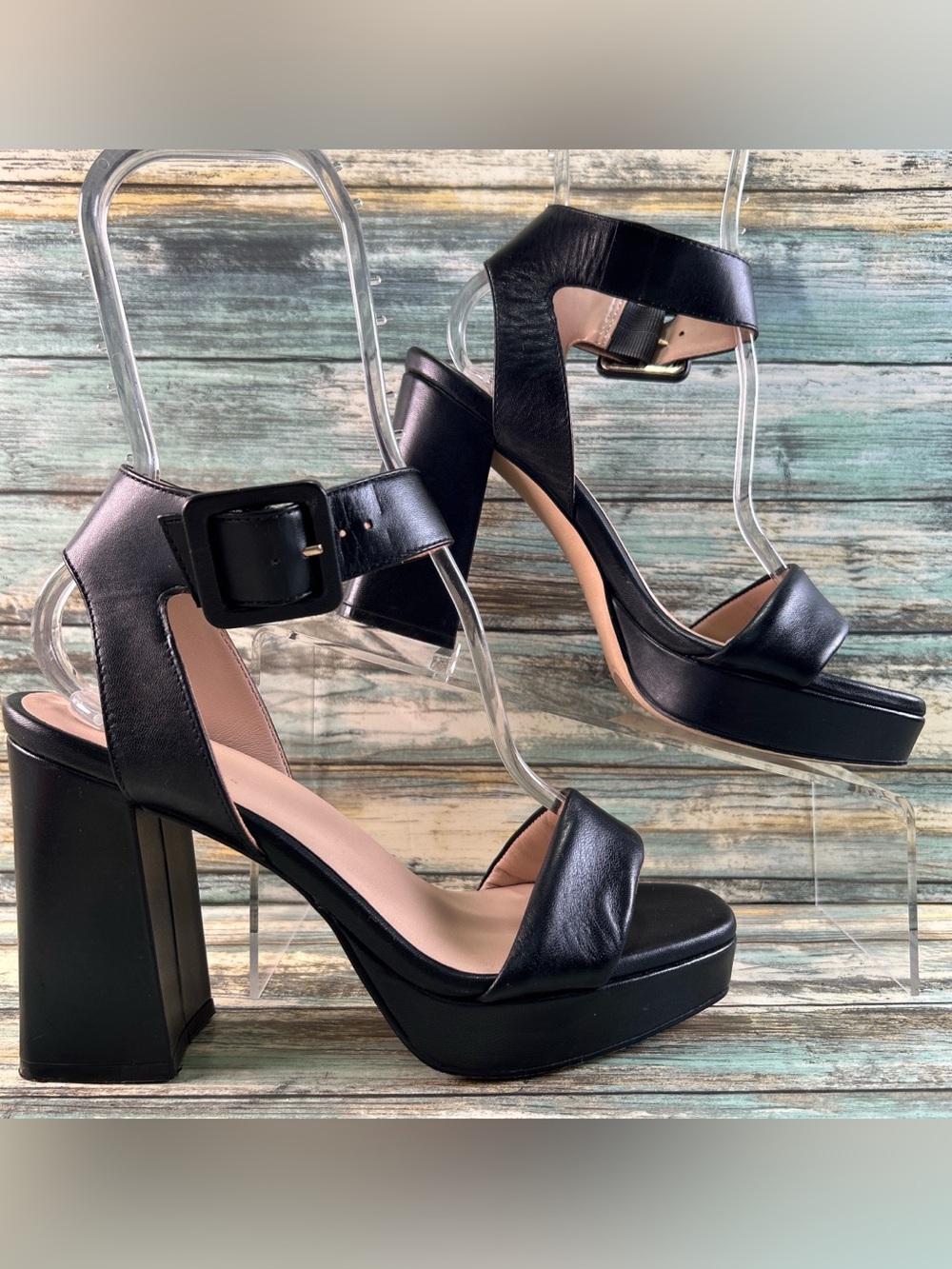27 Edit Jaselle Platform Sandal Womens Size 7.5 Black Leather Buckle Ankle Strap
